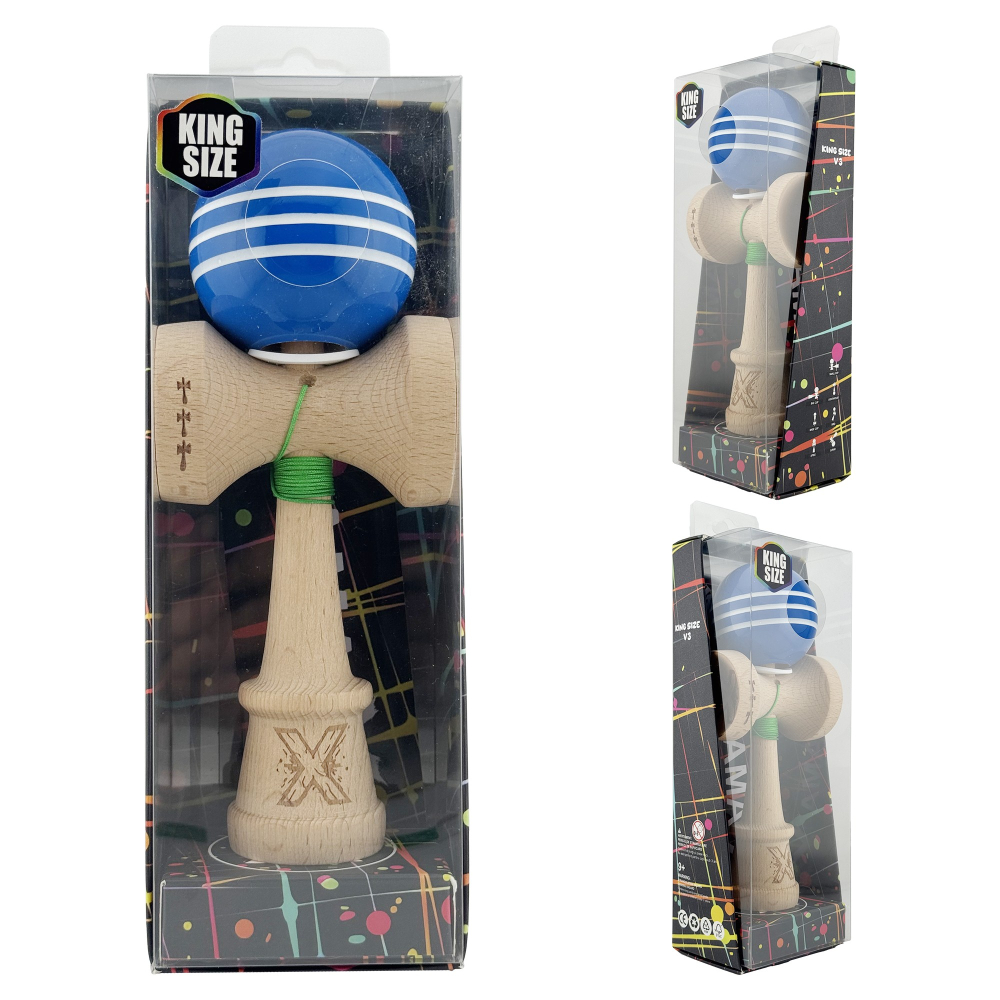Kendama X Originala, Profesionala, Super Sticky cu Cupe Mari KING SIZE V3, Gaura in Baza, Rulment Metalic, din lemn 18 cm, Ata 62/65 cm, Special Albastru/Alb [6]