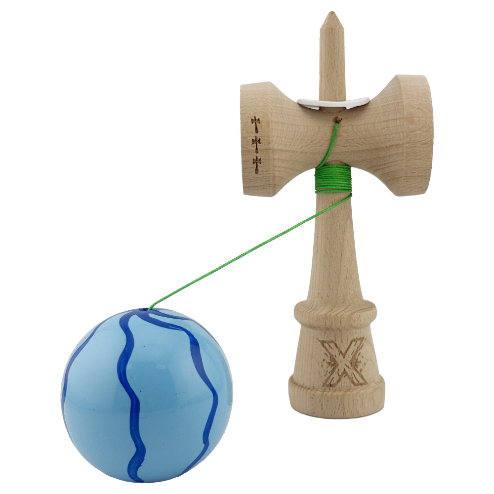 Kendama X Originala, Profesionala, Super Sticky cu Cupe Mari KING SIZE V3, Gaura in Baza, Rulment Metalic, din lemn 18 cm, Ata 62/65 cm, Special Albastru deschis [4]