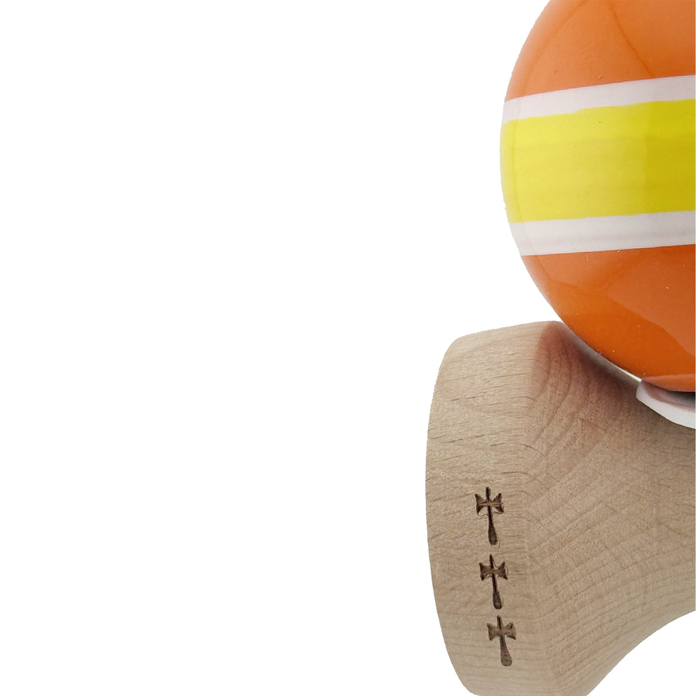Kendama X Originala, Profesionala, Super Sticky cu Cupe Mari KING SIZE V3, Gaura in Baza, Rulment Metalic, din lemn 18 cm, Ata 62/65 cm, Special Portocaliu/Galben [8]