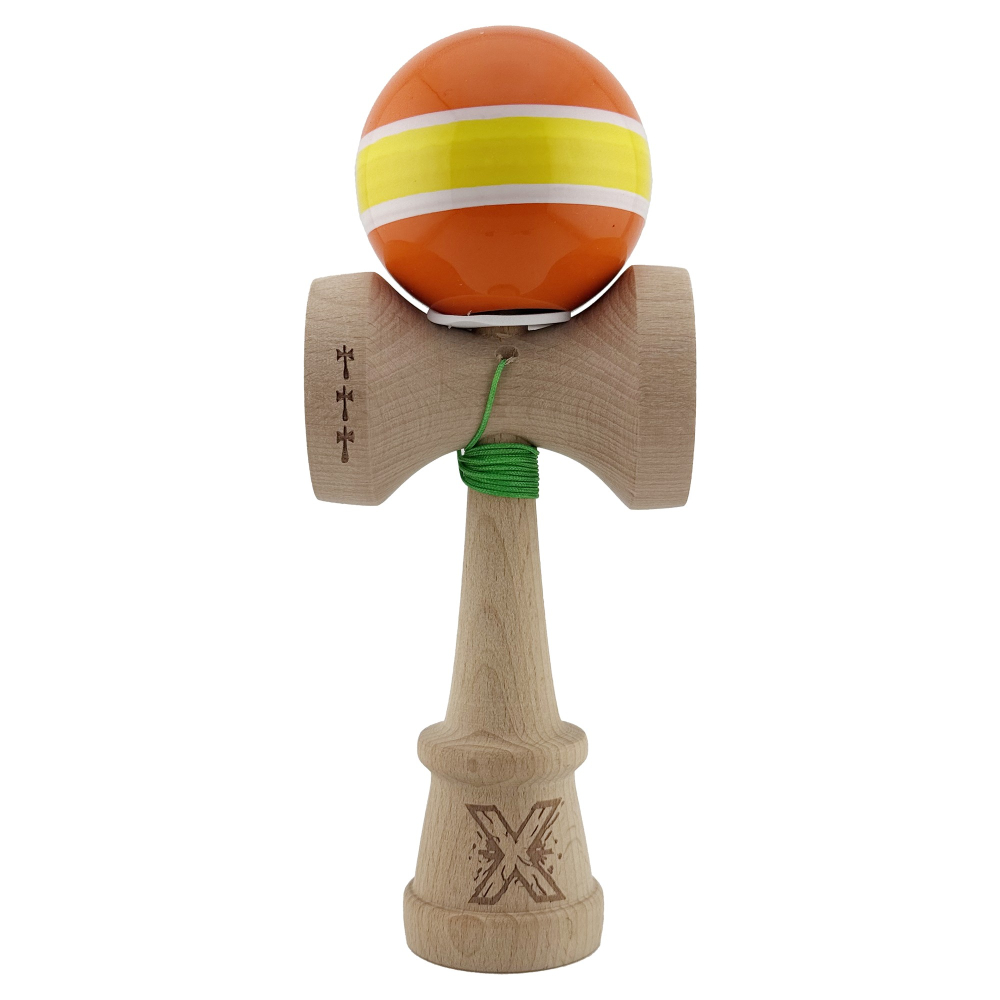 Kendama X Originala, Profesionala, Super Sticky cu Cupe Mari KING SIZE V3, Gaura in Baza, Rulment Metalic, din lemn 18 cm, Ata 62/65 cm, Special Portocaliu/Galben [2]