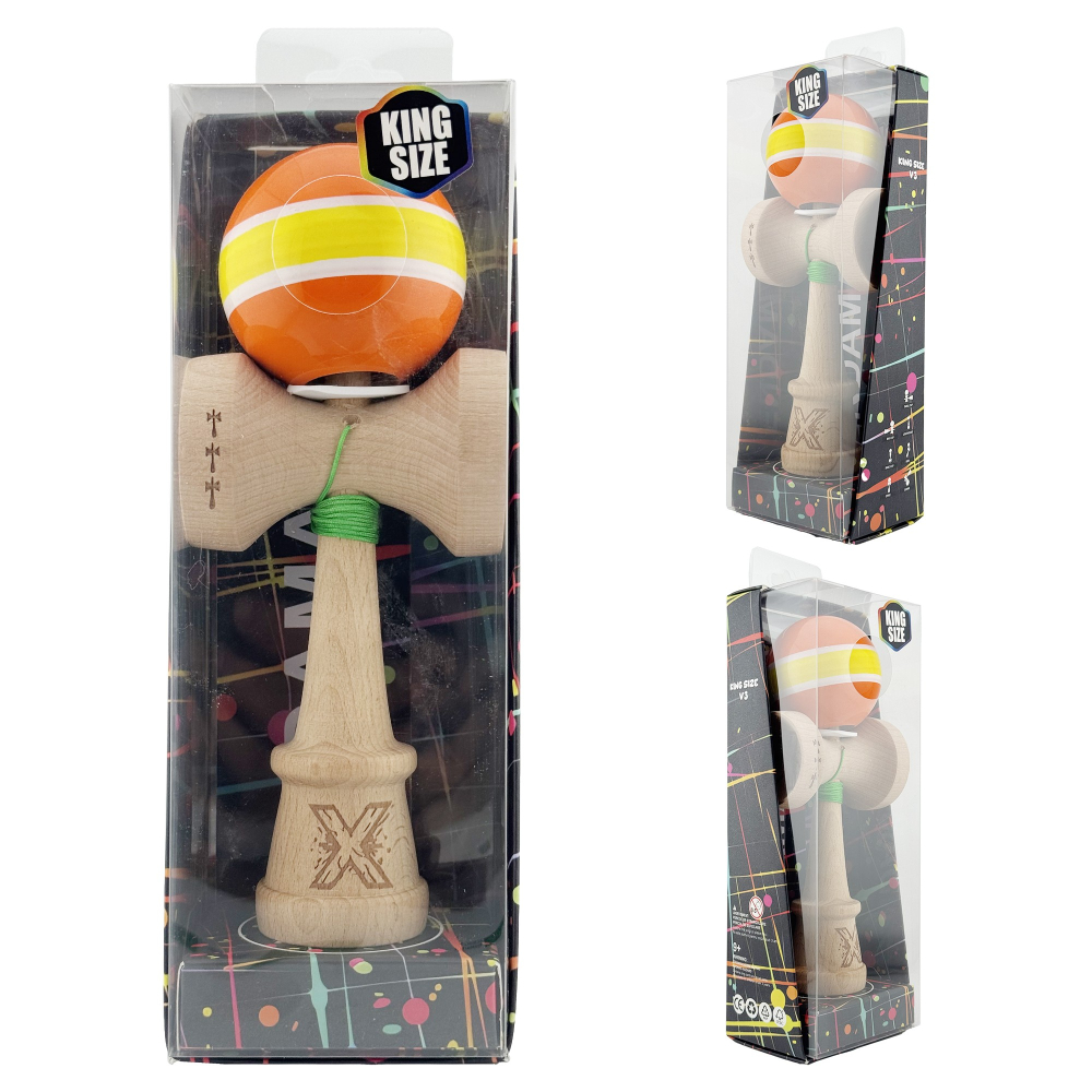 Kendama X Originala, Profesionala, Super Sticky cu Cupe Mari KING SIZE V3, Gaura in Baza, Rulment Metalic, din lemn 18 cm, Ata 62/65 cm, Special Portocaliu/Galben [6]