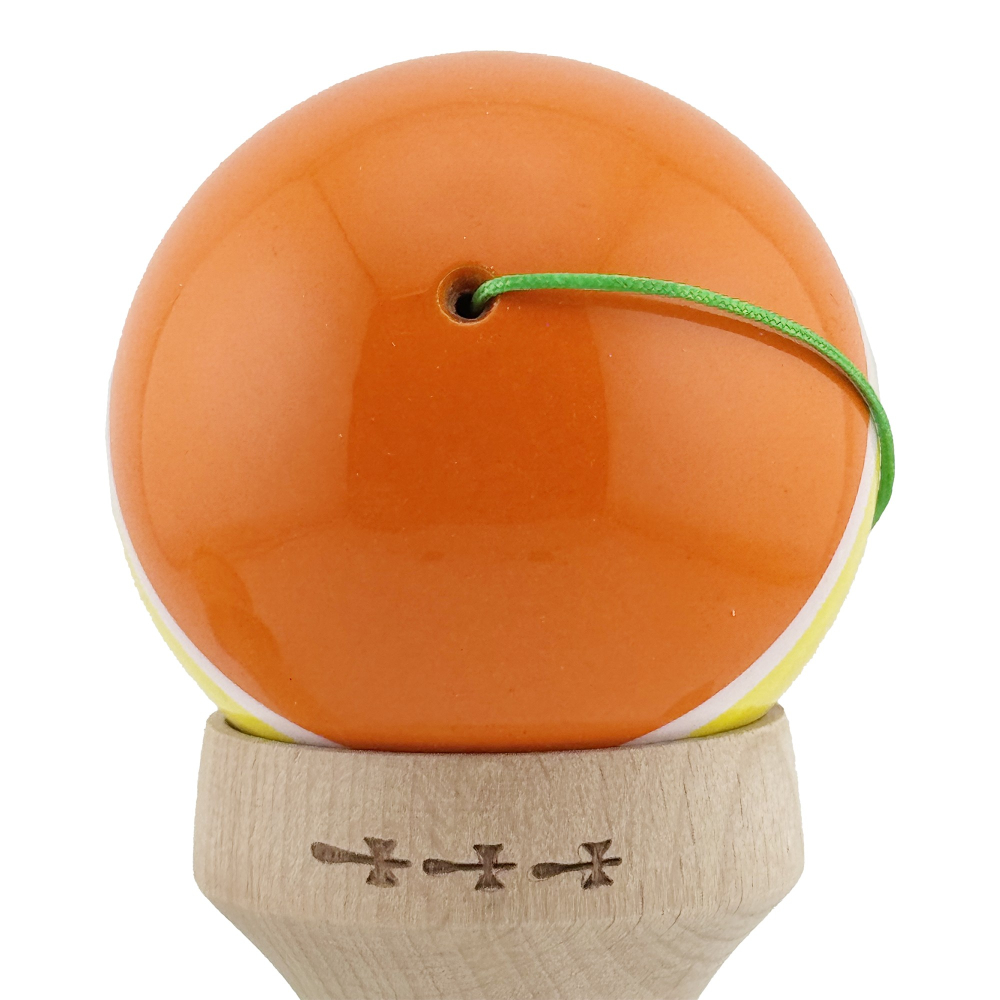 Kendama X Originala, Profesionala, Super Sticky cu Cupe Mari KING SIZE V3, Gaura in Baza, Rulment Metalic, din lemn 18 cm, Ata 62/65 cm, Special Portocaliu/Galben [10]