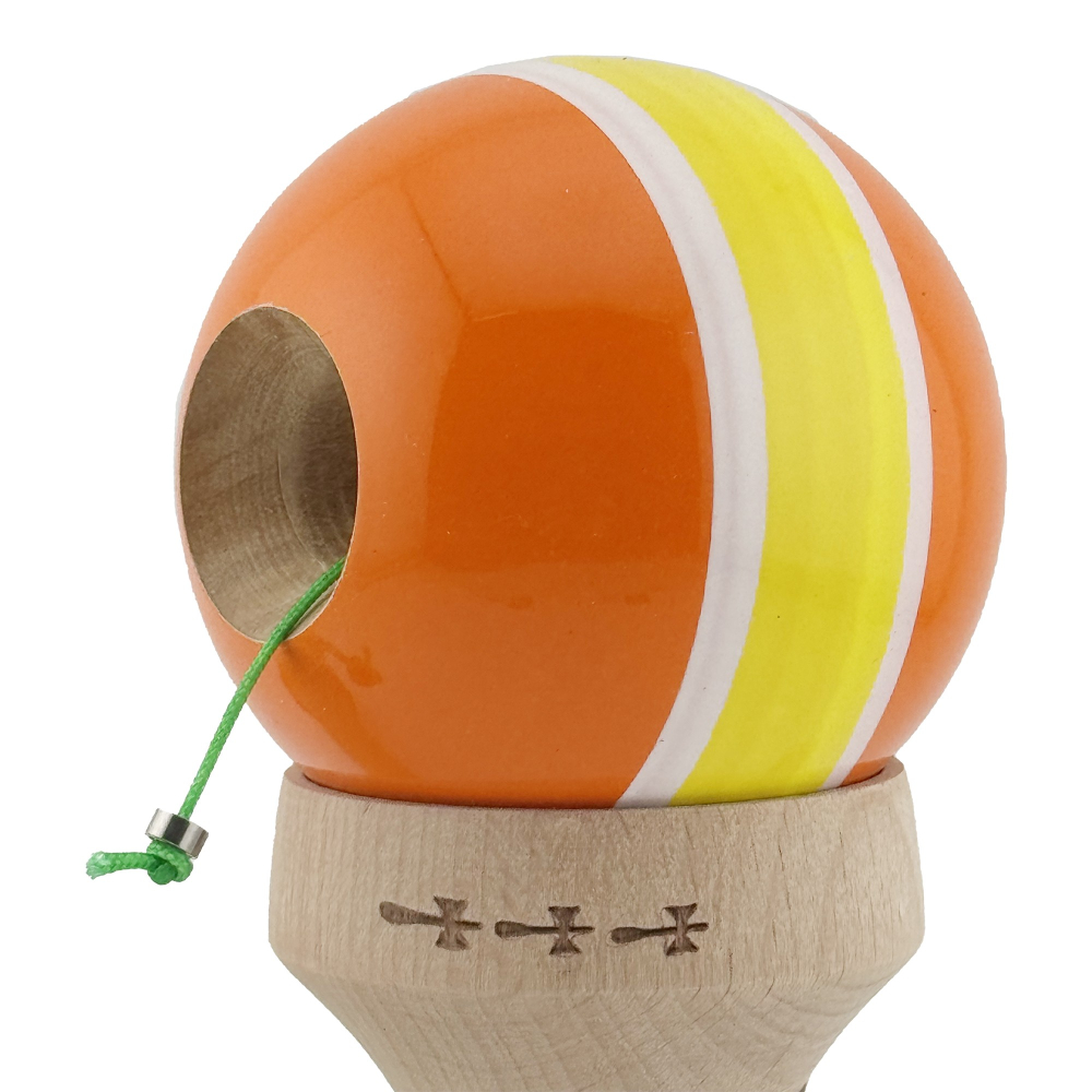 Kendama X Originala, Profesionala, Super Sticky cu Cupe Mari KING SIZE V3, Gaura in Baza, Rulment Metalic, din lemn 18 cm, Ata 62/65 cm, Special Portocaliu/Galben [7]