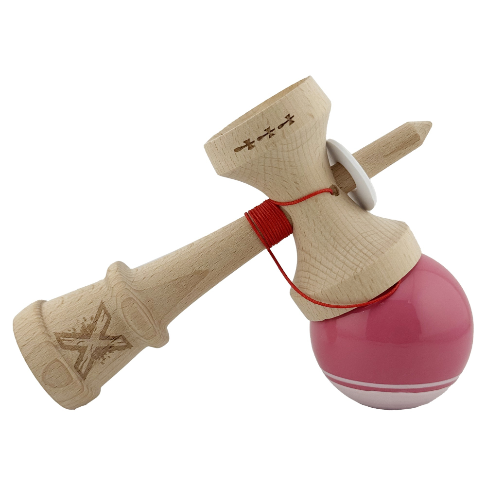 Kendama X Originala, Profesionala, Super Sticky cu Cupe Mari KING SIZE V3, Gaura in Baza, Rulment Metalic, din lemn 18 cm, Ata 62/65 cm, Special Roz/Alb [5]