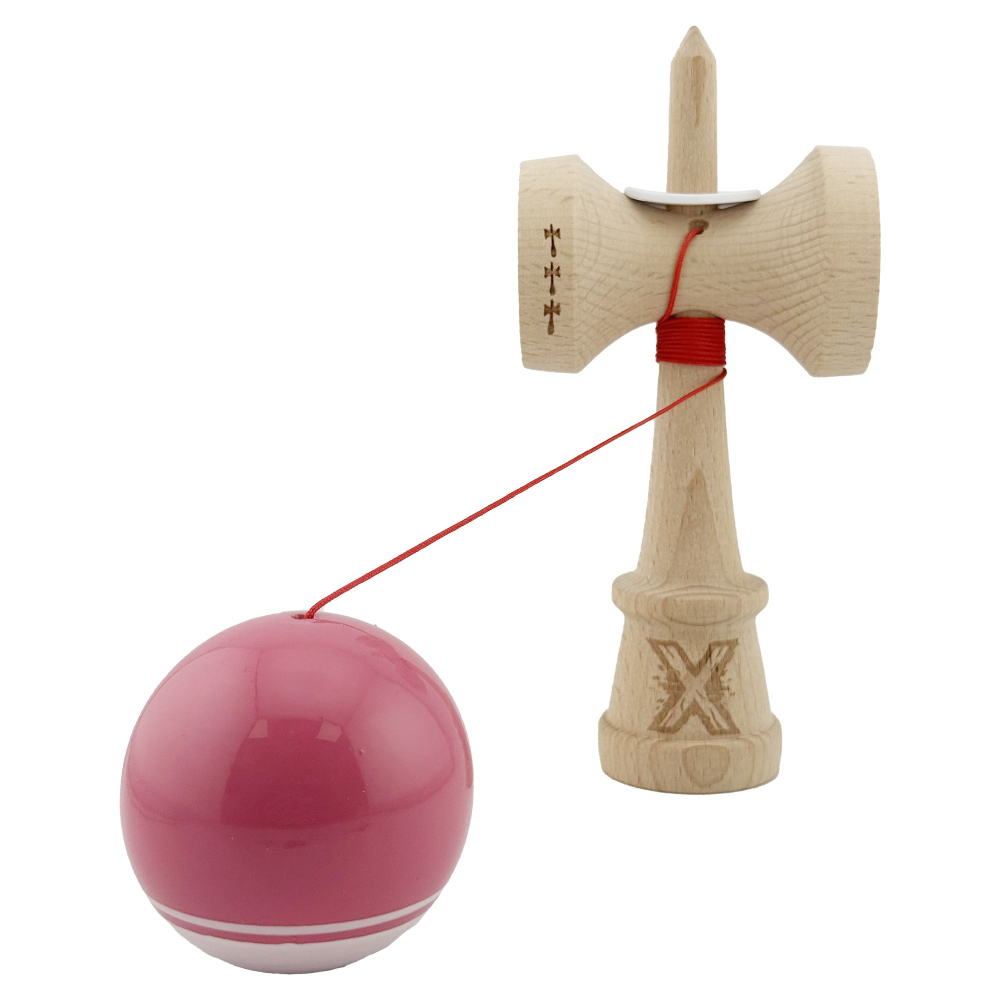 Kendama X Originala, Profesionala, Super Sticky cu Cupe Mari KING SIZE V3, Gaura in Baza, Rulment Metalic, din lemn 18 cm, Ata 62/65 cm, Special Roz/Alb [4]