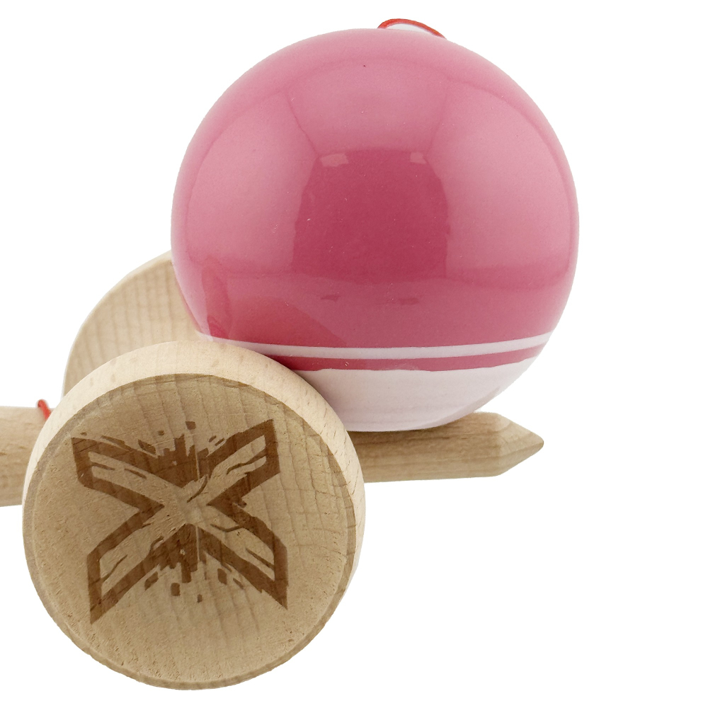 Kendama X Originala, Profesionala, Super Sticky cu Cupe Mari KING SIZE V3, Gaura in Baza, Rulment Metalic, din lemn 18 cm, Ata 62/65 cm, Special Roz/Alb [9]