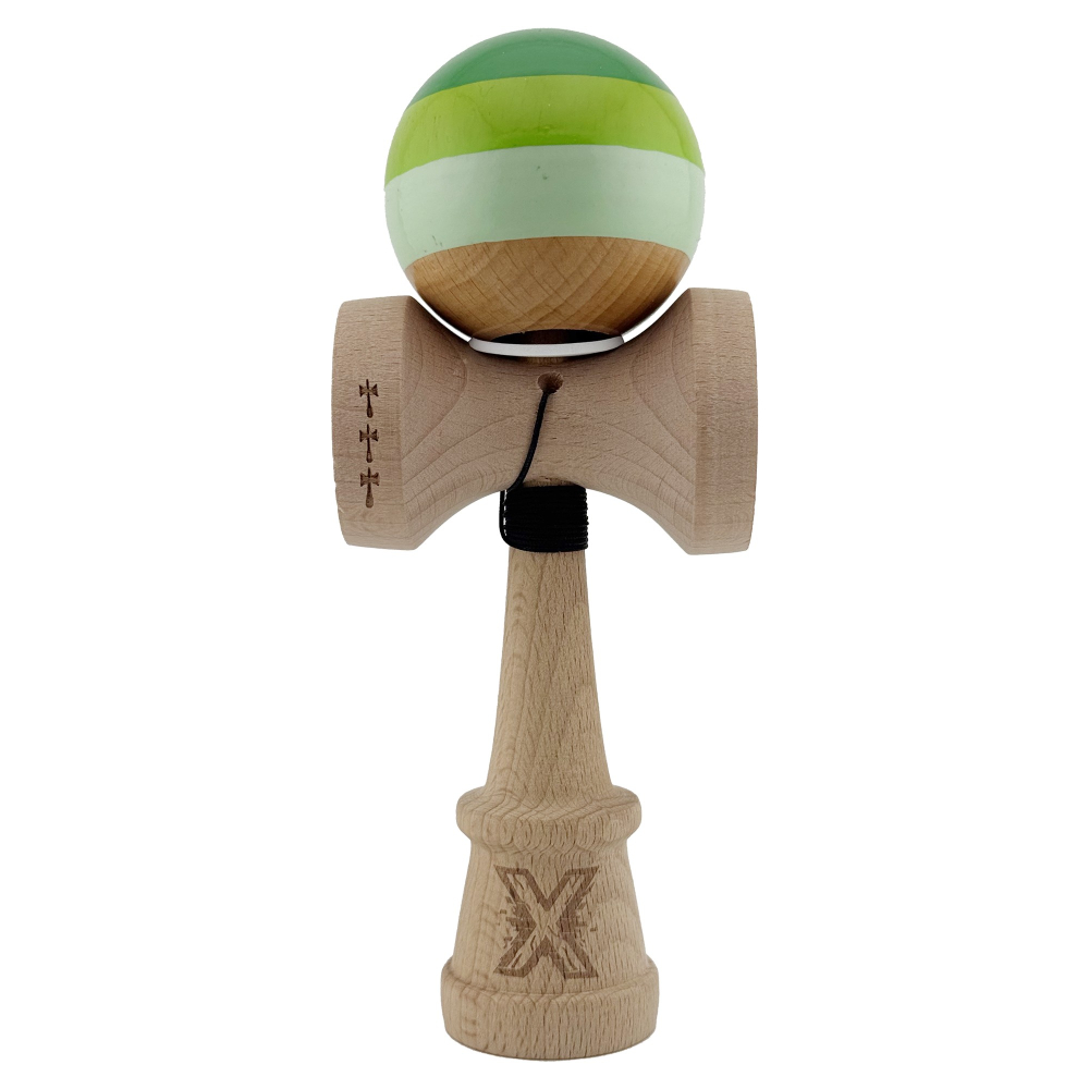 Kendama X Originala, Profesionala, Super Sticky cu Cupe Mari KING SIZE V3, Gaura in Baza, Rulment Metalic, din lemn 18 cm, Ata 62/65 cm, Special Verde degrade [2]