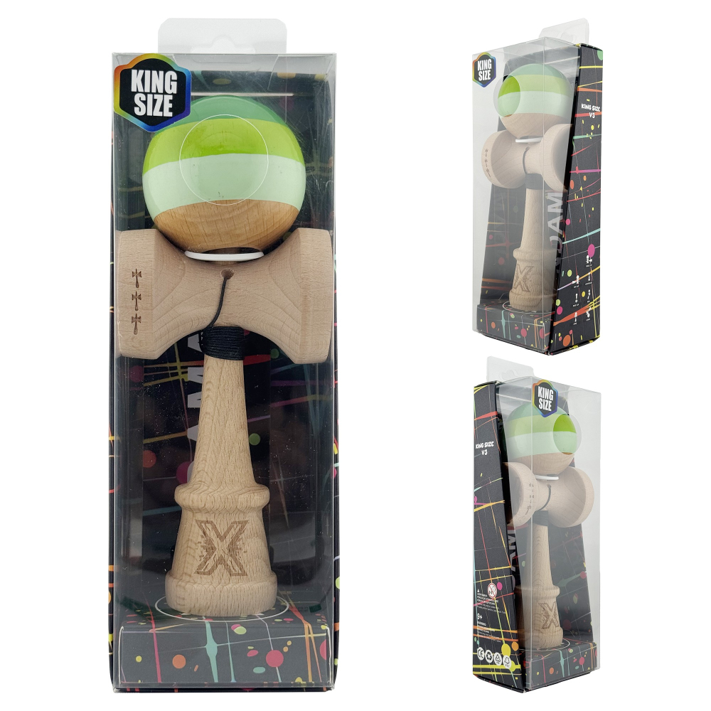 Kendama X Originala, Profesionala, Super Sticky cu Cupe Mari KING SIZE V3, Gaura in Baza, Rulment Metalic, din lemn 18 cm, Ata 62/65 cm, Special Verde degrade [6]