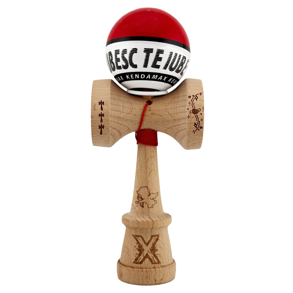 Kendama X TE IUBESC Originala, Profesionala, Flippy, Super Sticky cu Cupe Mari KING SIZE V3, Gaura in Baza, Rulment Metalic, din lemn 18 cm, Ata 62/65 cm, Rosu/Alb [2]