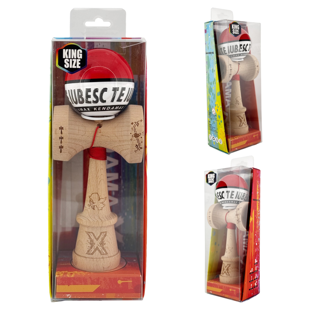 Kendama X TE IUBESC Originala, Profesionala, Flippy, Super Sticky cu Cupe Mari KING SIZE V3, Gaura in Baza, Rulment Metalic, din lemn 18 cm, Ata 62/65 cm, Rosu/Alb [6]