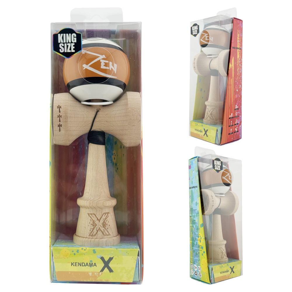 Kendama X Zen Series Originala, Profesionala, Cupe Mari KING SIZE V3, Super Sticky, Gaura in Baza, Rulment Metalic, din lemn 18 cm, Ata 55 cm, Maro [5]