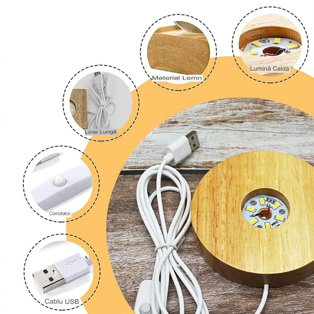 Lampa LED Decorativa, cu Bila de Cristal cu Diametru 6cm, Model Brad de Craciun 3D, Alimentare USB, Suport din Lemn, Lumina Alb Cald [5]