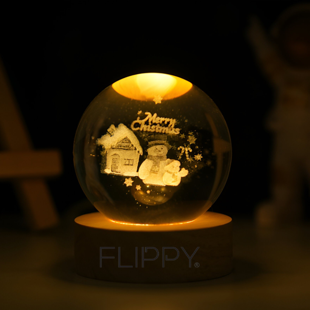 Lampa LED Decorativa, cu Bila de Cristal cu Diametru 6cm, Model Merry Christmas 3D, Alimentare USB, Suport din Lemn, Lumina Alb Cald [4]