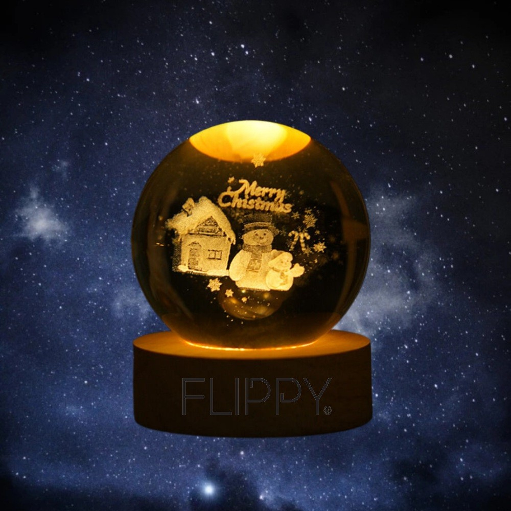 Lampa LED Decorativa, cu Bila de Cristal cu Diametru 6cm, Model Merry Christmas 3D, Alimentare USB, Suport din Lemn, Lumina Alb Cald [3]