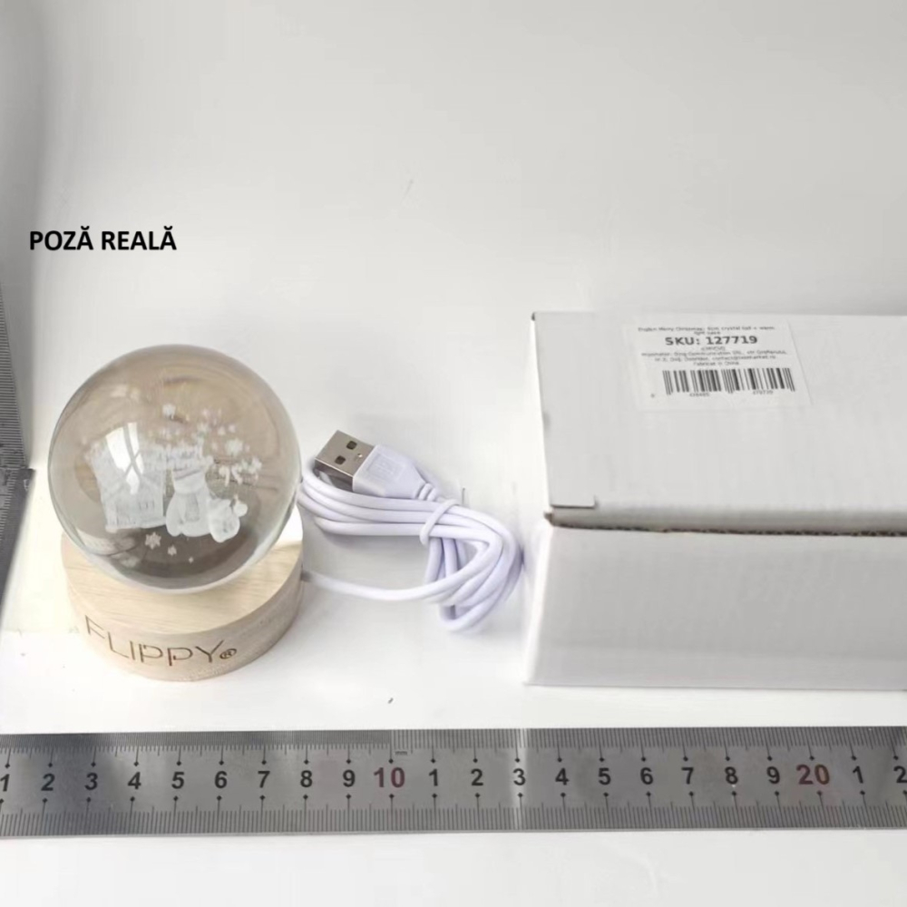 Lampa LED Decorativa, cu Bila de Cristal cu Diametru 6cm, Model Merry Christmas 3D, Alimentare USB, Suport din Lemn, Lumina Alb Cald [5]