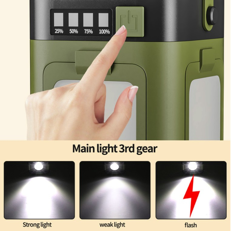 Lampa pentru Camping, Lampa Reincarcabila Solar/Retea, Tip Felinar 4 Laturi si Lanterna in Baza, Impermeabila, 12.5 x 7 x 7 cm, Verde [7]