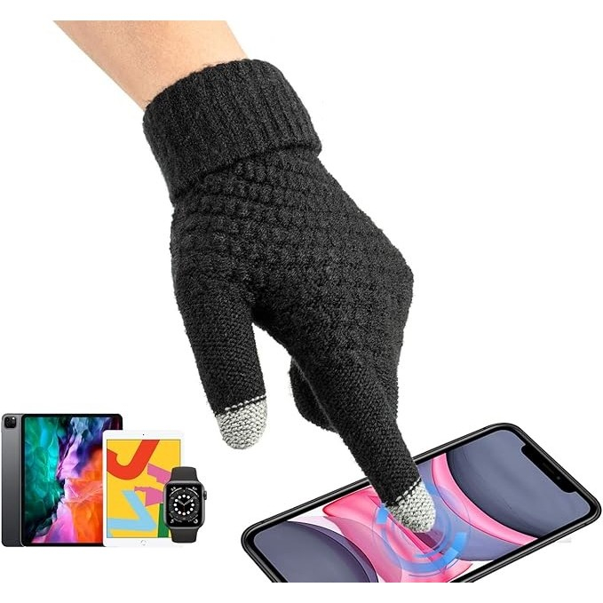 Manusi de Dama, Functie Touchscreen (ecran tactil), Material Acril Tricotat, Manseta Elastica, Interior Catifelat, Marime Universala, Negru [2]