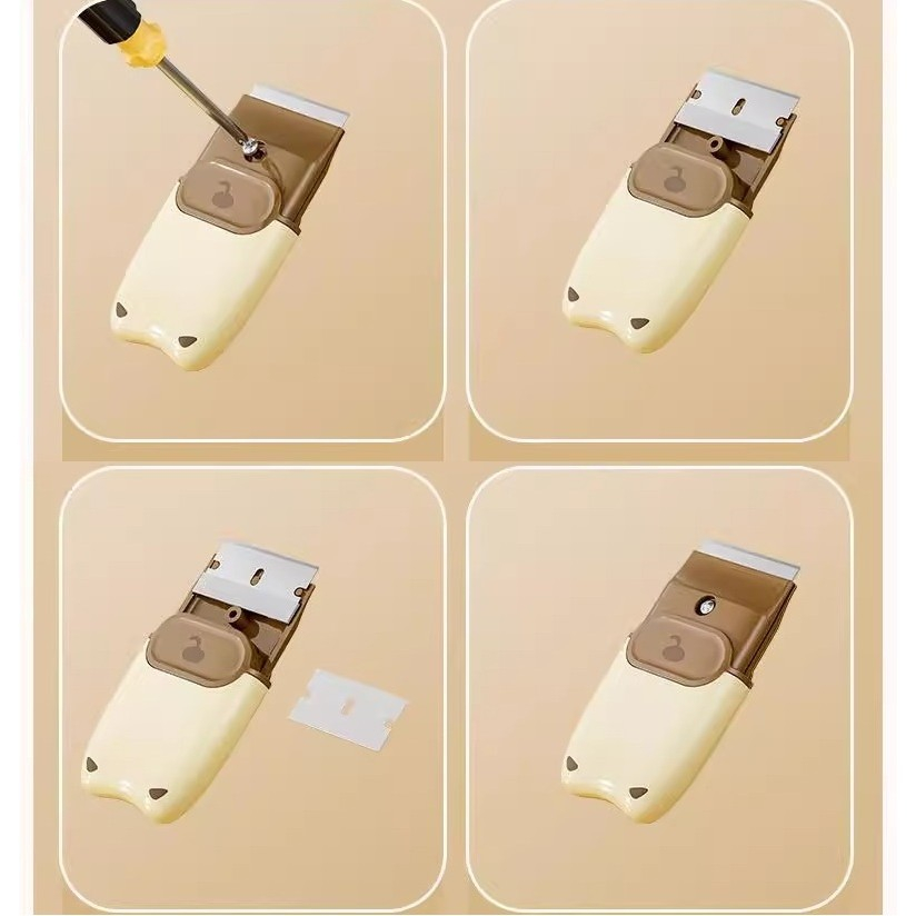 Mini Racleta de Curatare, pentru Etichete, Adezivi, din ABS+ Metal, 2 Lame Incluse, Maro [3]