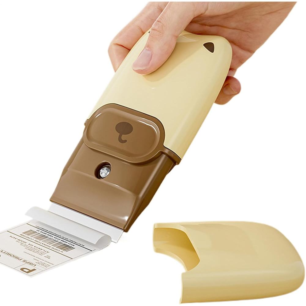 Mini Racleta de Curatare, pentru Etichete, Adezivi, din ABS+ Metal, 2 Lame Incluse, Maro [6]