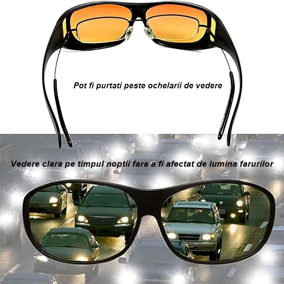 Ochelari pentru Viziune pe Timp de Noapte, Flippy, Polarizati, pentru Condus, Ciclism, cu Posibilitatea Purtarii peste Ochelarii de Vedere, cu Lentila Galbena, pentru Protectie, Rama Neagra, Pc, 15x5 cm [3]