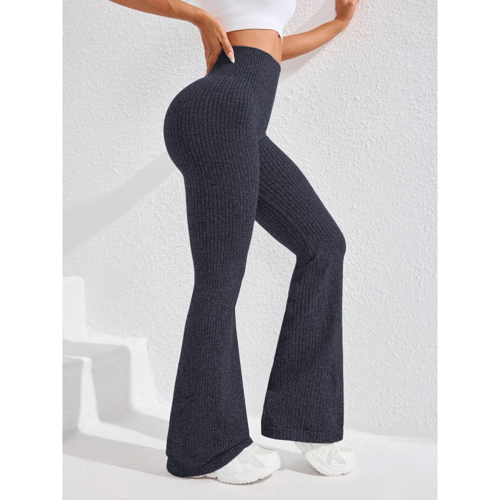 Pantaloni Sport de Dama, pentru Yoga, Talie Inalta, Evazati, Tricotati, Albastru Marin, Marime L [3]