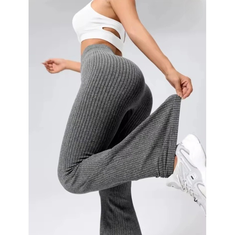 Pantaloni Sport de Dama, pentru Yoga, Talie Inalta, Evazati, Tricotati, Gri Inchis, Marime XL [8]