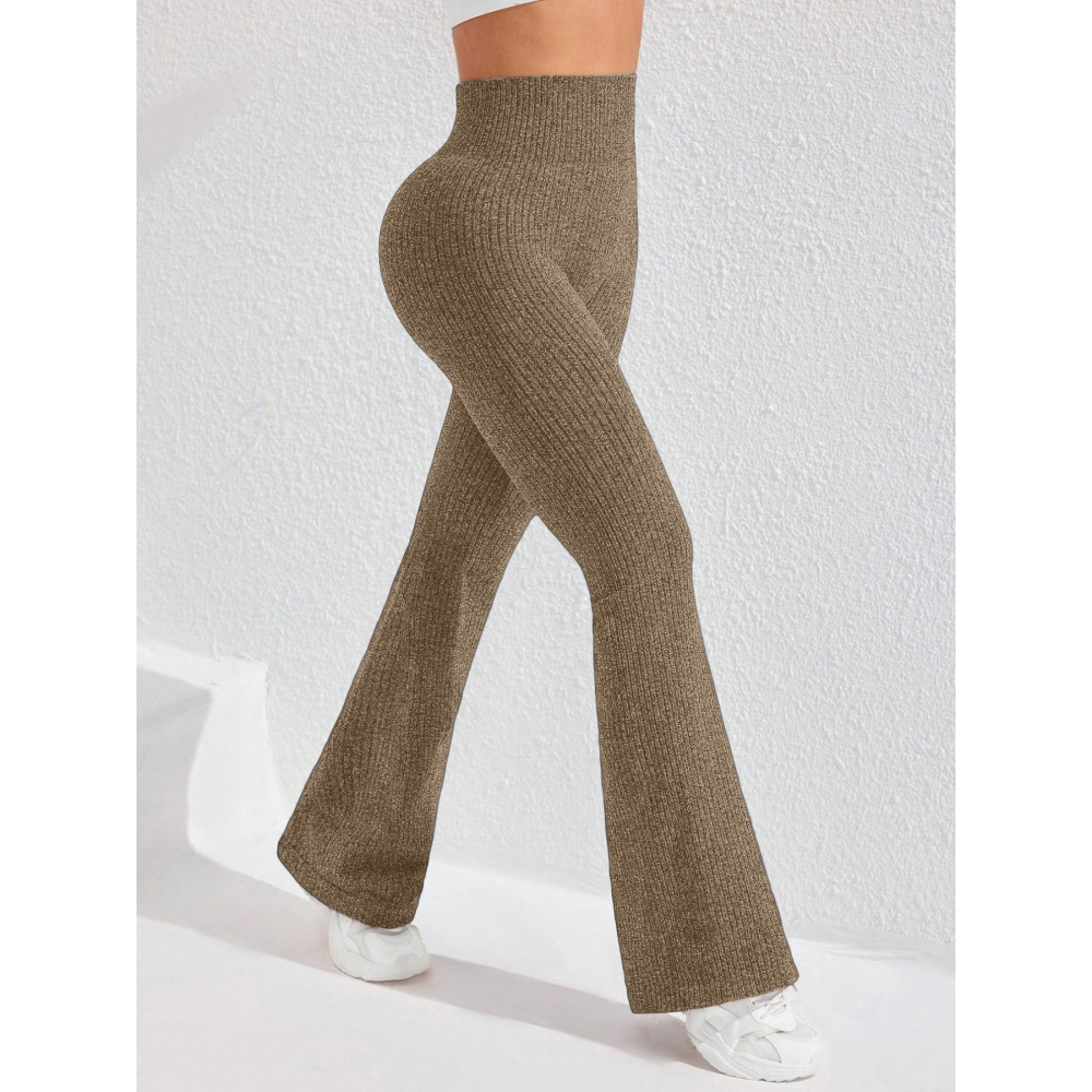 Pantaloni Sport de Dama, pentru Yoga, Talie Inalta, Evazati, Tricotati, Khaki, Marime L [2]