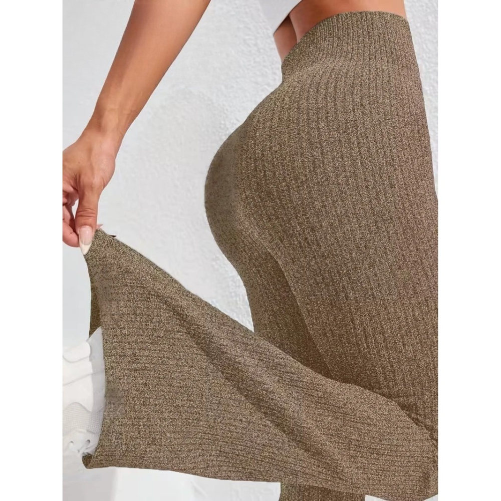 Pantaloni Sport de Dama, pentru Yoga, Talie Inalta, Evazati, Tricotati, Khaki, Marime XL [3]