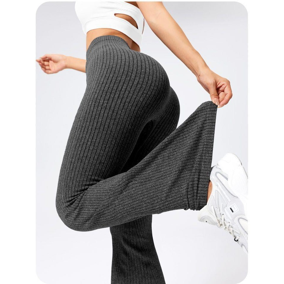 Pantaloni Sport de Dama, pentru Yoga, Talie Inalta, Evazati, Tricotati, Negru, Marime M [6]
