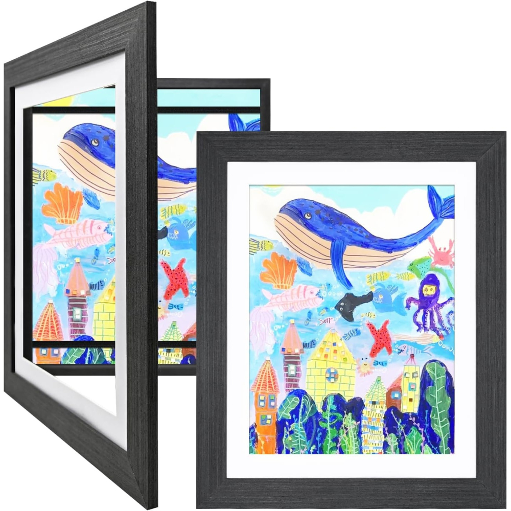 Rama Foto Flippy, din Lemn, cu Spatiu Pentru Depozitare, Pentru Desene si Picturi A4, Sticla Securizata, Rama MDF, Negru [2]