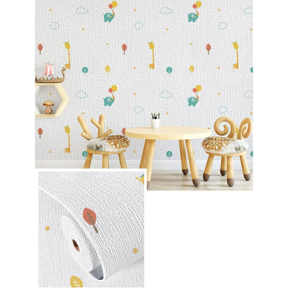 Rola Autoadeziva pentru Perete, din Panza, 10 m, Rezistenta la Umezeala, 2.5 mm Grosime, Model Girafa si Elefant, Multicolor [1]