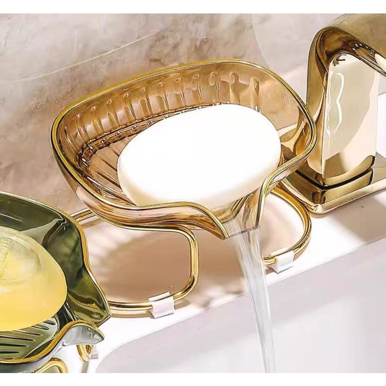 Savoniera cu Suport, Sistem de Scurgere a Apei, Margine Aurie, 14 x 8.5 x 9 cm, din TPE, Auriu [6]