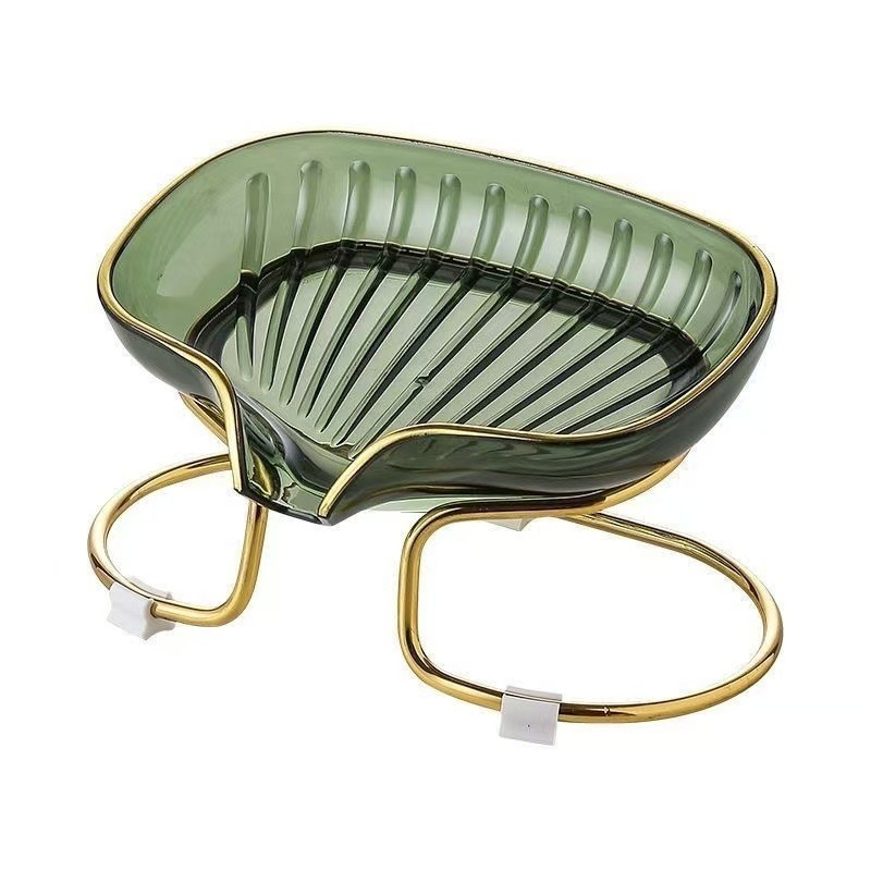 Savoniera cu Suport, Sistem de Scurgere a Apei, Margine Aurie, 14 x 8.5 x 9 cm, din TPE, Verde [2]