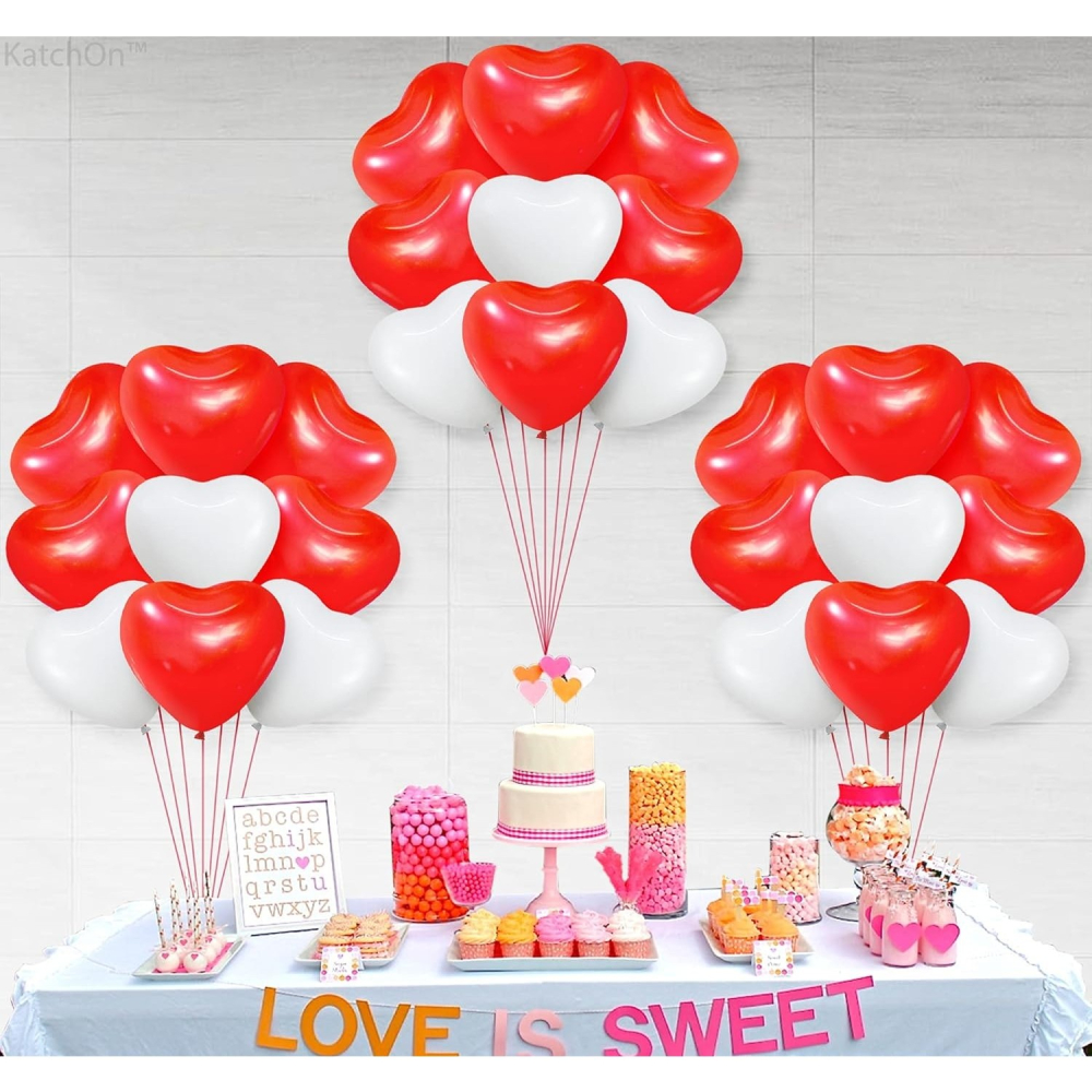 Set 10 Baloane, Flippy, Model Inima, din Latex, 25 cm, Alb/Rosu [3]