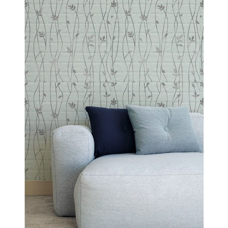 Set 10 Placi de Tapet, Autoadezive, 70 x 77 cm, Suprafata Acoperita 5.3 mp, din PVC, Model Frunze Argintii, Gri [2]