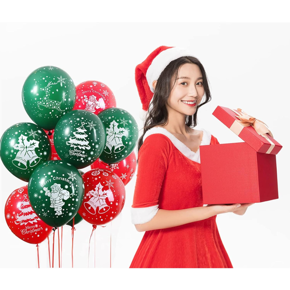 Set 16 Baloane din Latex, Model Merry Christmas, Tematica Craciun, 25 cm, Verde Rosu [5]