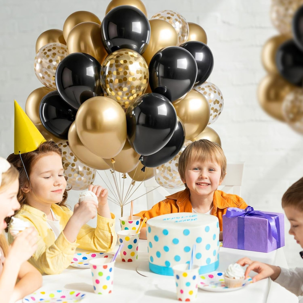 Set 16 Baloane din Latex, Model Party, 30 cm, Auriu, Negru, Confetti, 2.8 g [6]