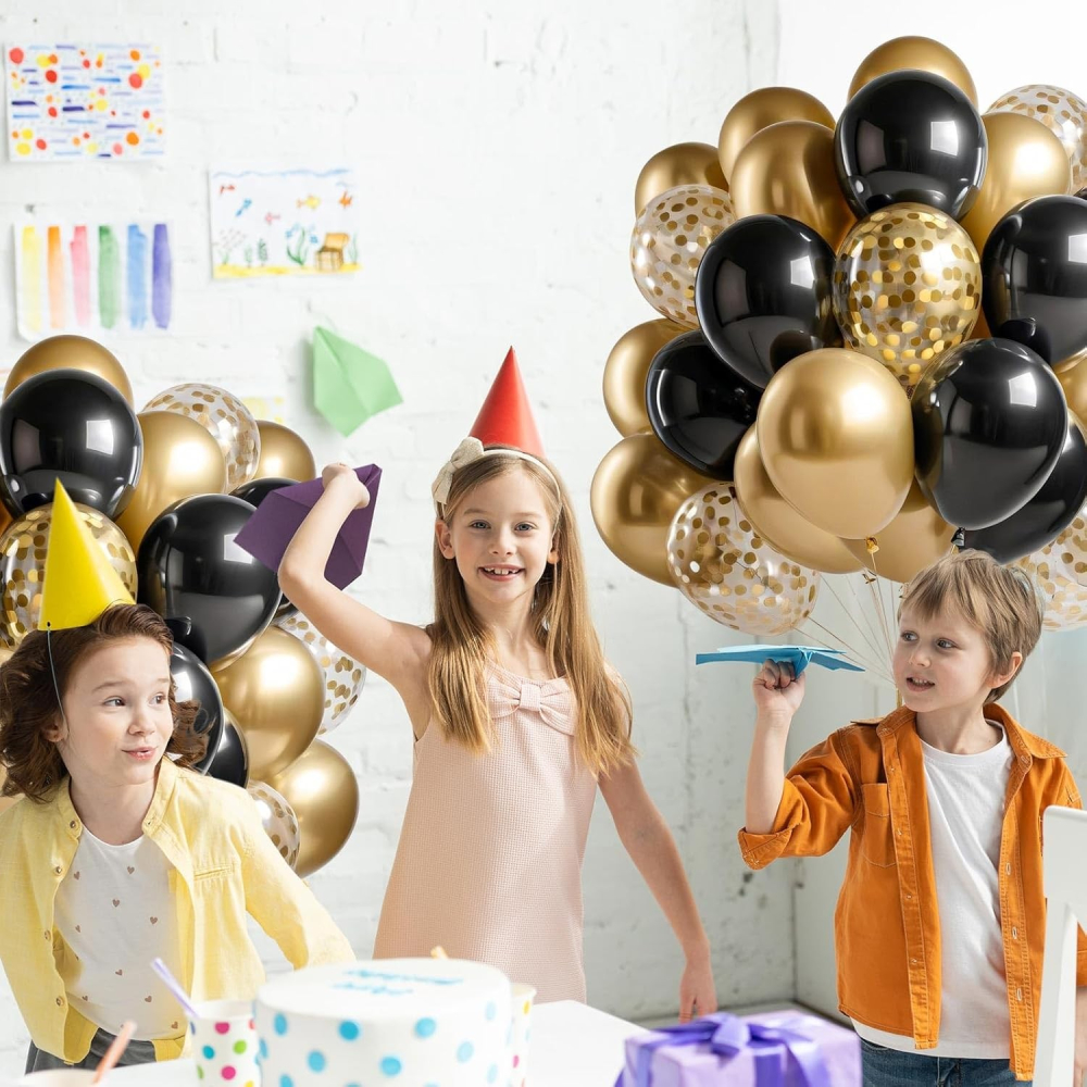 Set 16 Baloane din Latex, Model Party, 30 cm, Auriu, Negru, Confetti, 2.8 g [5]