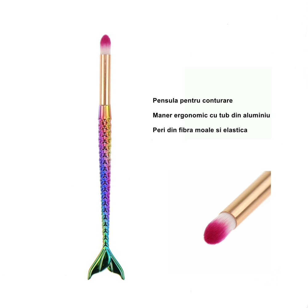 Set 3 Pensule pentru Machiaj in Forma de Sirena, Electroplacate, Detalii Fine, Maner Ergonomic, Peri din Fibra Moale, Multicolor [5]