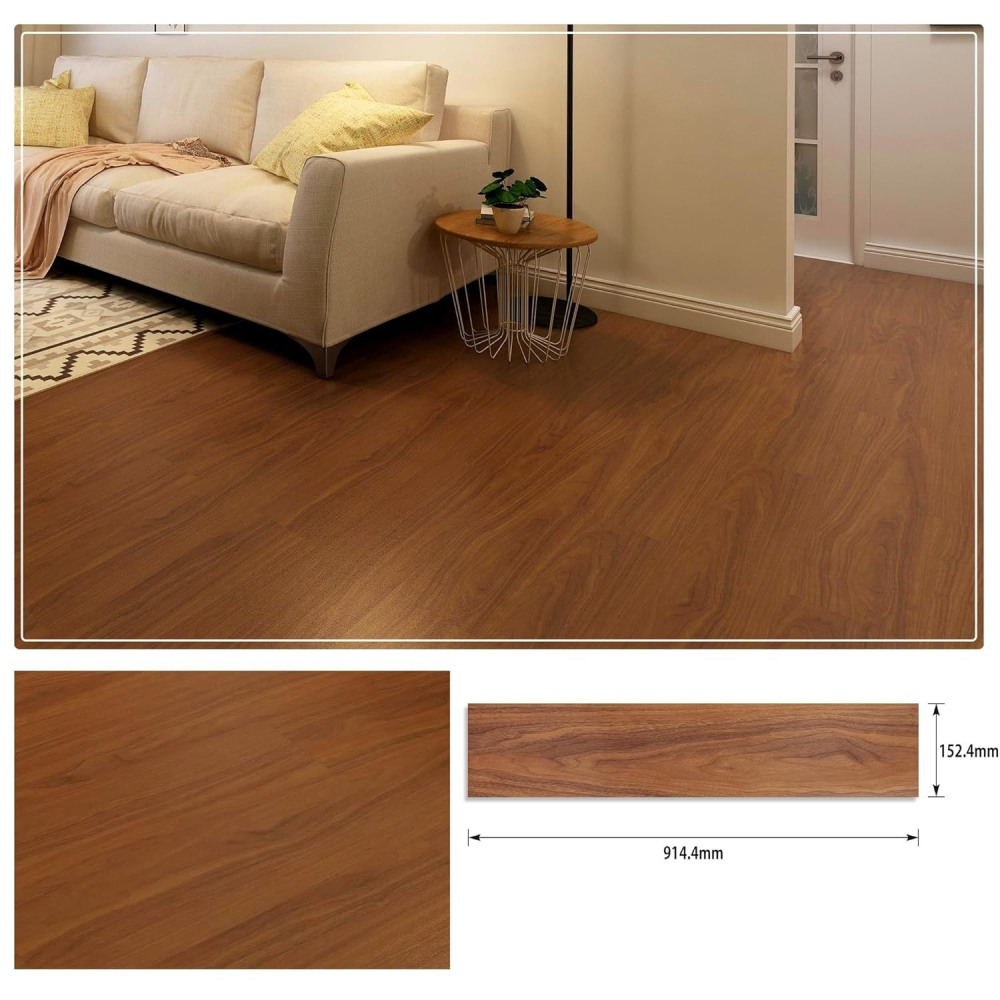 Set 36 Placi Autoadezive pentru Pardoseala, din PVC, Impermeabil, Ignifug, Usor de Curatat, Dimensiune Placa 91.44 x 15.24 cm, Grosime 1.5 mm, Acoperire 5 m2, Model 8, Caramiziu [2]