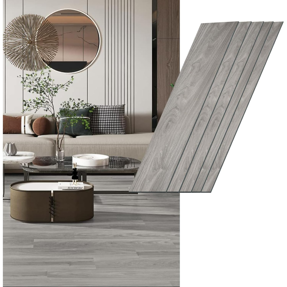 Set 36 Placi Autoadezive pentru Pardoseala, din PVC, Impermeabil, Ignifug, Usor de Curatat, Dimensiune Placa 91.44 x 15.24 cm, Grosime 1.5 mm, Acoperire 5 m2, Model 1, Gri [5]