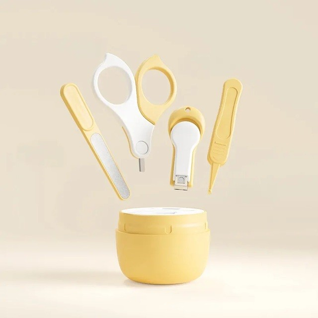 Set 4 Piese Ingrijire Unghii Bebelusi, din ABS+Otel Inoxidabil, Cutie de Depozitare Tip Maimuta, de la 0 Luni, Galben [2]