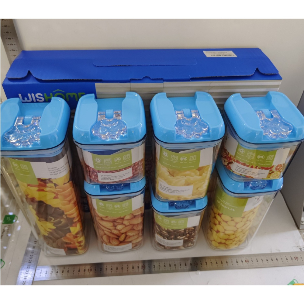 Set 7 Cutii de Depozitare Alimente, 2 x 500ml, 2 x 800ml, 2 x 1200ml, 1 x 1900 ml, Capac Albastru, din PP+PET, Inchidere Ermetica, Transparent [8]