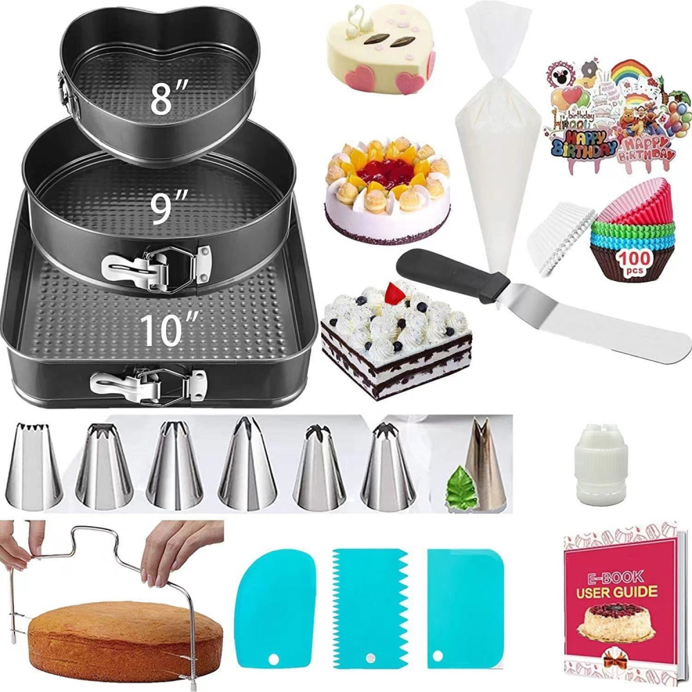 Set de 216 Piese de Copt pentru Prajituri, 3 Tavi de Copt, Nivelator, Forme Cupcake, Pos pentru Ornat cu 7 Capete, Feliator Tort, din Otel Inoxidabil, Multicolor [1]