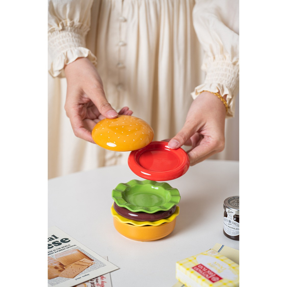 Set Farfurii Ceramice sub Forma de Burger, din Ceramica, pentru Sosuri si Gustari, Mini Farfurii Stivuibile, Multicolor [14]