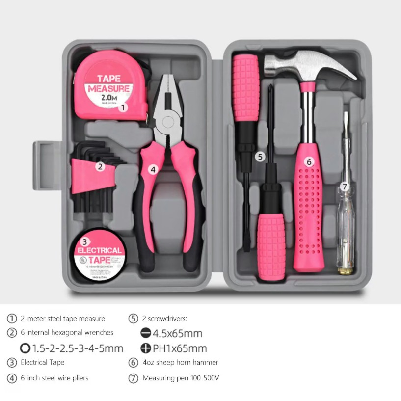 Set Scule 24 piese pentru Uz Casnic, Instrumente Set in Trusa de Plastic Gri, din Plastic si Metal, 20 x 12.5 x 3 cm, Roz [6]