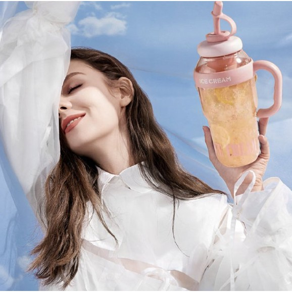 Sticla de Apa, Termica, Mentinere 6 Ore, 1400 mL, cu Pai si Capac, PP si Silicon, cu Maner Alb, 25.5x7.5 cm, Roz Deschis [11]