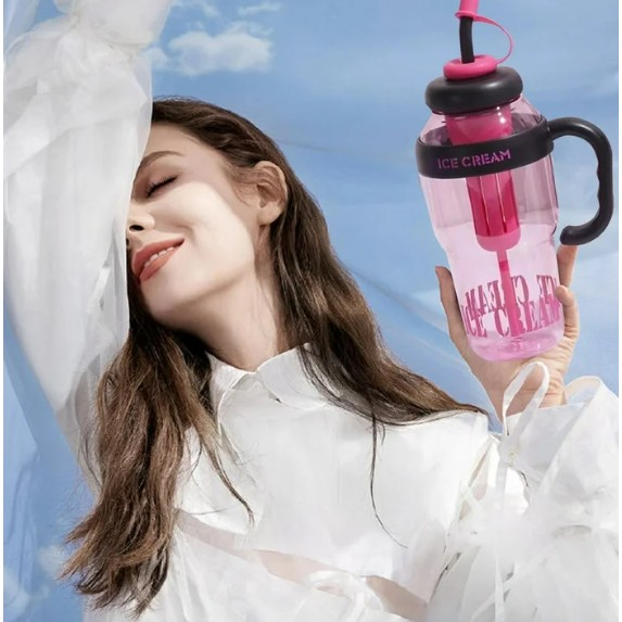 Sticla de Apa, Termica, Mentinere 6 Ore, 1400 mL, cu Pai si Capac, PP si Silicon, cu Maner Negru, 25.5x7.5 cm, Roz [9]