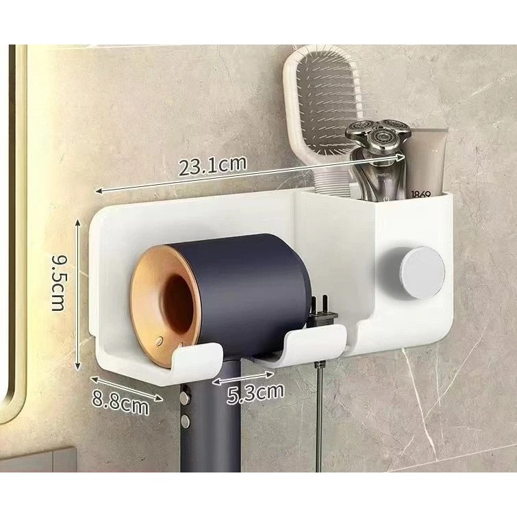Suport de Baie, pentru Uscator de Par, cu Organizator Dublu, din Plastic, Aplicare cu Suport Adeziv, 23 x 8.8 x 9.5 cm, Alb [5]