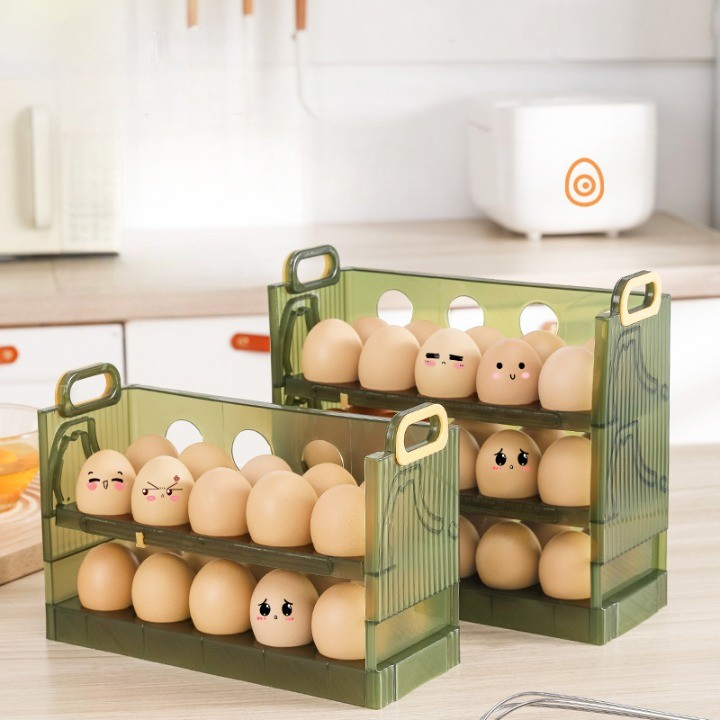 Suport Organizator pentru Oua, pentru Frigider, Verde transparent, Capacitate 30 oua, Trei straturi, cu Data de Expirare, 25.5x10x23 cm [10]